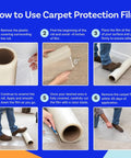 Instructions for using 36 Inch By 500 Foot Self Adhesive Carpet Protector Film For Construction with six-step process.