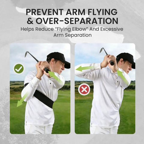 Golf player demonstrating Adjustable Golf Swing Training Arm Band For Right And Left Handed Beginners Portable Corrector Muscle Memory Trainer For No Fuss On The Go Practice Lightweight Durable Black to prevent over-separation.