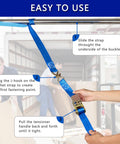 Four Pack Ratchet Straps 1 Inch Wide By 16.4 Feet Long With 2200 Lb Break Strength And Sturdy Metal Hooks in use for easy setup