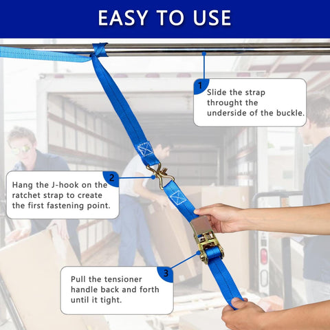 Four Pack Ratchet Straps 1 Inch Wide By 16.4 Feet Long With 2200 Lb Break Strength And Sturdy Metal Hooks in use for easy setup