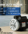 Straight Up Heavy Duty 1.5 HP Farm Duty Electric Motor Runs Smooth At 1725 RPM featuring 145T frame and TEFC cooling.