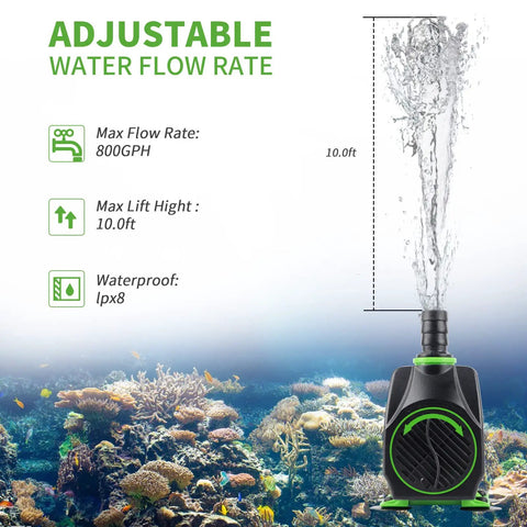 Small Pond Pump With Hose 45W 800 GPH Adjustable Flow Circulates 500 To 1200 Gallons One To Two Times Every One And A Half Hours