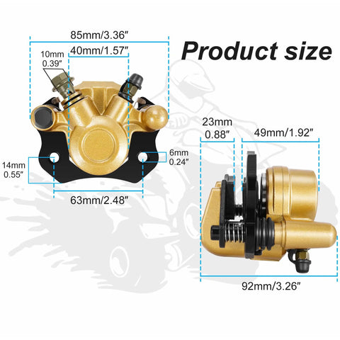 Rear Brake Caliper Go Kart Brake Kit with Beefy Performance Brake Pads dimensions overview