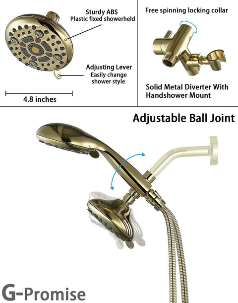 High Pressure Dual Shower Head With Handheld, 6x6 Spray Modes Shower Head Combo in polished gold with adjustable ball joint