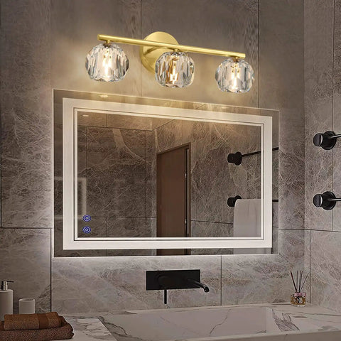 Three Light Gold Brass Vanity Light Fixture With Clear K9 Crystal Glass For Bathroom Over Mirror Modern Wall Sconce 120V G4 Base Lit Glow That Elevates Your Space And Keeps It Bright