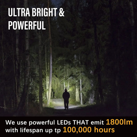 Rechargeable LED Headlamp 1800 Lumen Beast Bright With COB Flood Light lighting up wooded path at night