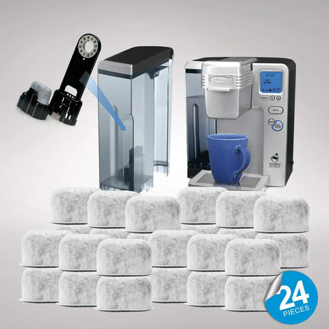 Pack Of 24 Replacement Charcoal Water Filters For Coffee Machines That Remove Chlorine Odors And Impurities To Level Up Your Brew Taste And Aroma For Rich Home Brewed Coffee Easy 30 Day Replacement, displayed with coffee machine and water tank.