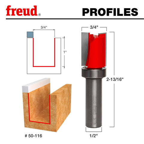 Top Bearing Flush Trim Router Bit, Three Quarters Inch Diameter, Two-Cutter Carbide, One Half Inch Shank, 2-13/16 Inch