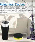 4 Pack F112 Vacuum Filter Replacement With 2 Foam Filters For Dirt Devil Upright Vacuums displayed with sofa and carpet