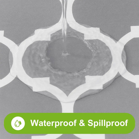 Close-up of water on Elastic Flannel Backed Vinyl Table Cover For 6 Foot Tables Waterproof Wipeable Indoor Outdoor Rectangle Picnic Tablecloth Windproof Fit For No Fuss Everyday Use Grey 30x72 Inches