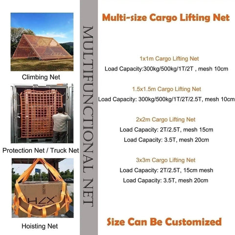 Multi-size cargo lifting nets infographic showing various net sizes and load capacities.