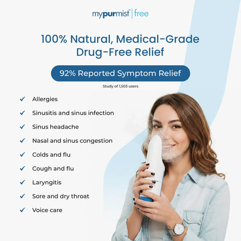 Woman using Cordless Steam Inhaler For On The Go Relief handheld battery powered steamer for sinus congestion relief.