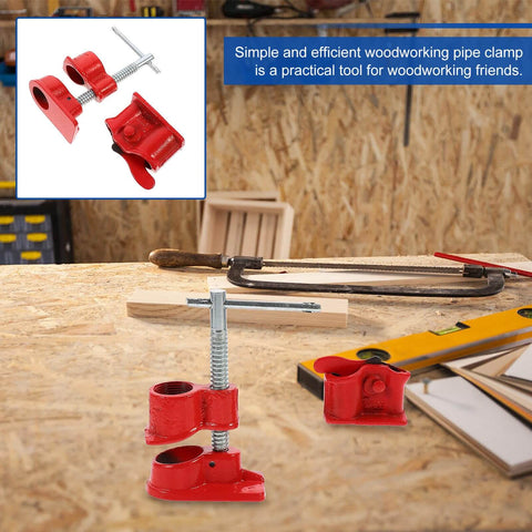 Lightweight Half Inch Red Pipe Clamp For Woodworking, quick release C-shaped clamp for secure glue-ups, front view on workbench