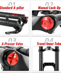 Beefy Dual Crown MTB Air Fork features: standard A-pillar, manual lock up, A-pressure valve, travel inner tube.