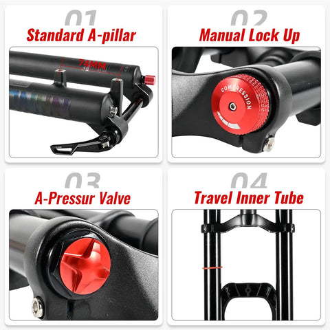 Beefy Dual Crown MTB Air Fork features: standard A-pillar, manual lock up, A-pressure valve, travel inner tube.