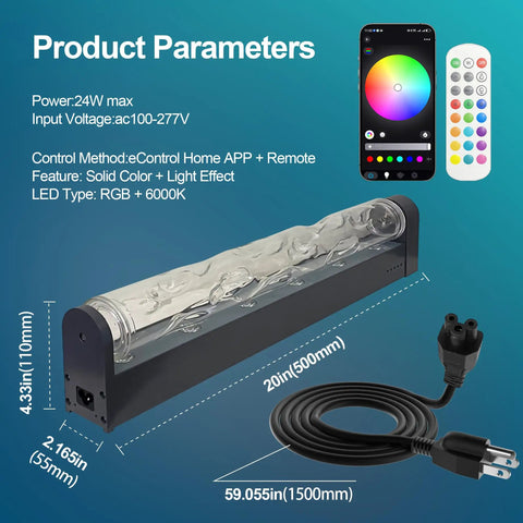 Smart RGBW Wave Wall Light With Water Ripple Projector with app and remote control shown with dimensions and power cable