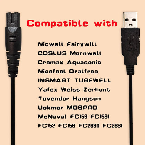 Water Flosser USB Charger Cable Replacement Compatible With Nicwell F5025, COSLUS F5020E, Oralfree Nicefeel, black cable and plug