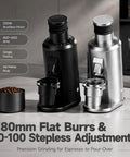 Badass 80mm Flat Burr Electric Coffee Bean Grinder With Straight Up Stepless Control And Rapid Brushless Motor For Seamless Daily Espresso Pulls And Relaxed Weekend Sips Black, showcasing black and silver models with coffee beans.