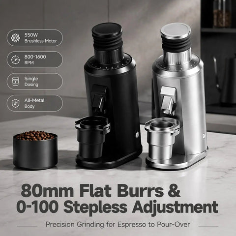 Badass 80mm Flat Burr Electric Coffee Bean Grinder With Straight Up Stepless Control And Rapid Brushless Motor For Seamless Daily Espresso Pulls And Relaxed Weekend Sips Black, showcasing black and silver models with coffee beans.