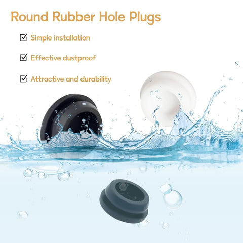 62Pcs Silicone Hole Plugs Set in 6 Sizes White Round Rubber Plugs With Snap Locking, floating on water, ideal for furniture gaps.