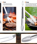 Stainless Steel 19 Piece BBQ Tools Set With Tongs Spatula Fork Knife Basting Brush Cleaning Brush 6 Corn Forks 5 Skewers And 2 Squeeze Bottles, featuring a fork and tongs.