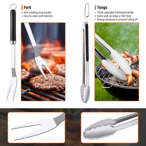 Stainless Steel 19 Piece BBQ Tools Set With Tongs Spatula Fork Knife Basting Brush Cleaning Brush 6 Corn Forks 5 Skewers And 2 Squeeze Bottles, featuring a fork and tongs.