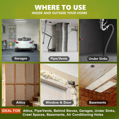 Tough As Nails Mouse Proof Expanding Foam Sealant shown in various home usage areas like garages and under sinks.