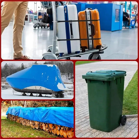 Heavy Duty 6 Inch Rubber Cords With Hooks, 10 Pack Bungee Straps securing luggage, tarps, and a trash bin