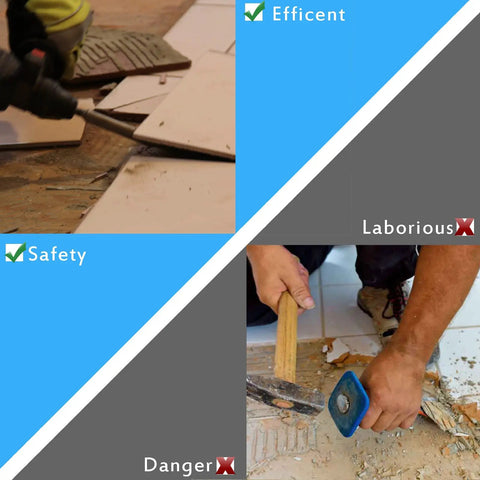 Comparison of tile removal with a 6 Inch Wide Tile And Thinset Scaling Chisel For SDS Max Rotary Hammers versus manual tools.
