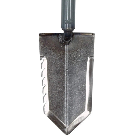 Close-up of serrated blade on 36 Inch T Handle Heavy Duty Metal Detector Shovel With Serrated Blade For Relic Hunting And Treasure Digging