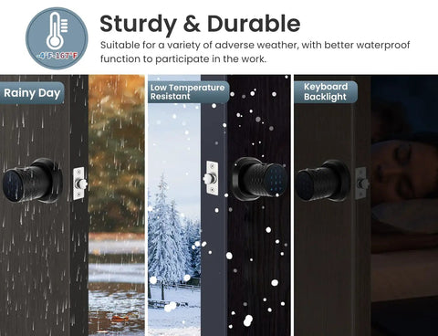 Biometric Fingerprint Door Knob with Keypad Lock and Large Sensor No Keys Needed Keyless Entry Handle 0.2s Unlock 3 Ways to Open shown in rain and snow conditions with keyboard backlight feature.