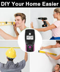 Stud Finder Wall Scanner with LCD Display for Wood, Metal, and AC Wire used by DIYers measuring and drilling on walls.