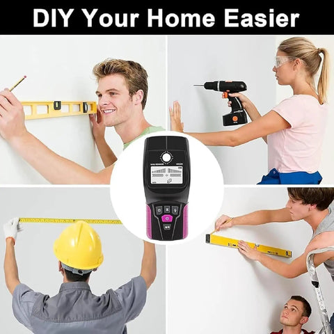 Stud Finder Wall Scanner with LCD Display for Wood, Metal, and AC Wire used by DIYers measuring and drilling on walls.