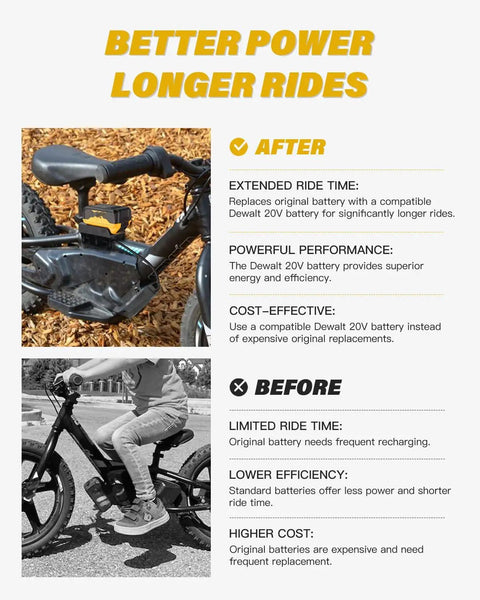 Battery Adapter Kit For Stacyc 12 And 16 Inch Electric Balance Bikes With DeWalt 20V Batteries Easy Install Power Tool Battery Pack Converter For Extended Ride Time On 12eDrive And 16eDrive Models with before and after comparison showing improved bike performance with extended ride time and cost efficiency.