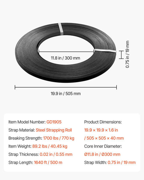 Heavy Duty Steel Strapping Coil 3 4 Inch By 02 Inch By 1640 Ft Metal Banding Roll dimensions and specifications shown.
