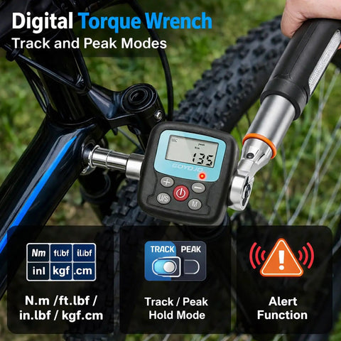 Digital Torque Wrench Adapter Kit With 4-135Nm Range And Electronic Display being used on a bicycle frame