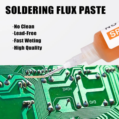 No Clean Solder Flux Paste For Electronics 30 Ml With Pneumatic Dispenser Plunger And Dispensing Tip Delivers Strong Bonds Low Smoke Quick Wetting Ideal For Precise Soldering applied on circuit board