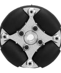 Omni wheel for small robots; four black PU rollers on silver metal hub