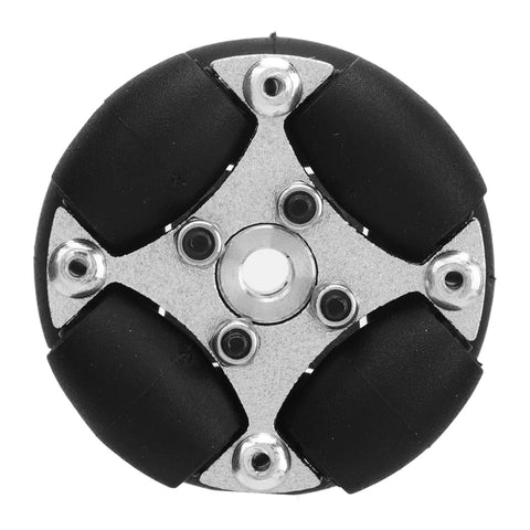 38 mm aluminum omni wheel with metal hub and black rubber rollers, front view.