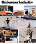 Heavy Duty Foldable Scaffold Ladder With Sure Footing Steps Adjustable Height Work Platform Tower Stool Built Like A Tank For Welding And Crew Jobs Rated Eight Eighty Pounds in various uses including painting and loading.