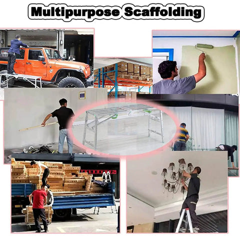 Heavy Duty Foldable Scaffold Ladder With Sure Footing Steps Adjustable Height Work Platform Tower Stool Built Like A Tank For Welding And Crew Jobs Rated Eight Eighty Pounds in various uses including painting and loading.
