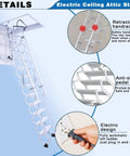 Electric Attic Ladder With A Slick Hidden Retractable Ceiling Hatch And Heavy Duty Telescoping Handrail For Zero Hassle Space Saving Pull Down Setup And Crisp White Finish, showcasing retractable handrails and anti-slip pedals.