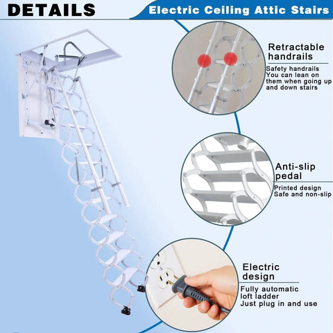 Electric Attic Ladder With A Slick Hidden Retractable Ceiling Hatch And Heavy Duty Telescoping Handrail For Zero Hassle Space Saving Pull Down Setup And Crisp White Finish, showcasing retractable handrails and anti-slip pedals.