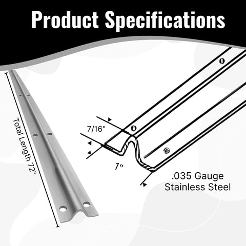 Stainless Steel Sliding Glass Door Track With Screw-Down Lower Inverted V Bottom For Sliding Screen Doors Satin Anodized Finish 72 Inch Length Heavy Duty Strength Built To Last shown in diagram with dimensions and gauge details