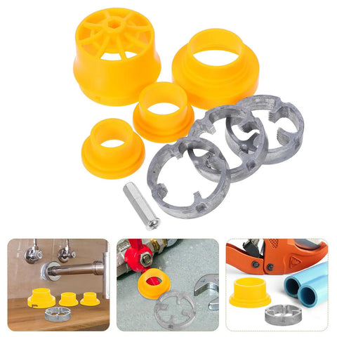 Yellow and gray pipe threading accessories in a Professional Electric Pipe Threader Kit For Pvc Plastic Pipes, for easy plumbing use.