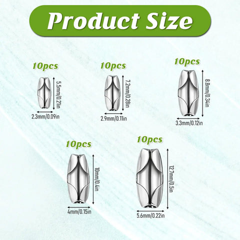 Size chart of 50 Pcs Silver Tone Stainless Steel Ball Chain Connectors And Clasps Set for 4.5mm ball chain, five sizes displayed.