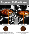 Before and after images showing coffee extraction from a 58mm portafilter with Espresso WDT Tool With 22 Needles For 58mm Portafilters Barista Grade Distribution And Stirring Tool To Break Clumps Prevent Channeling And Promote Even Extraction Black