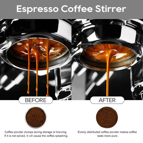 Before and after images showing coffee extraction from a 58mm portafilter with Espresso WDT Tool With 22 Needles For 58mm Portafilters Barista Grade Distribution And Stirring Tool To Break Clumps Prevent Channeling And Promote Even Extraction Black