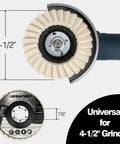 Close-up of 5 Pack Felt Flap Disc Abrasives for Angle Grinder showing size 4.5-inch with 7/8-inch arbor, universal fit.