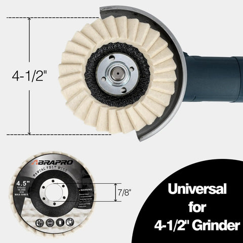Close-up of 5 Pack Felt Flap Disc Abrasives for Angle Grinder showing size 4.5-inch with 7/8-inch arbor, universal fit.
